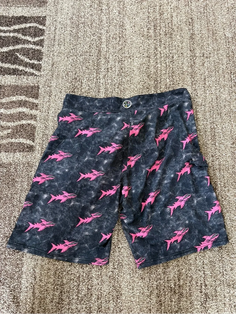 Maui And Sons Boardshirts Charcoal Black W/ Pink Sharks 4 Way Stretch Size 34